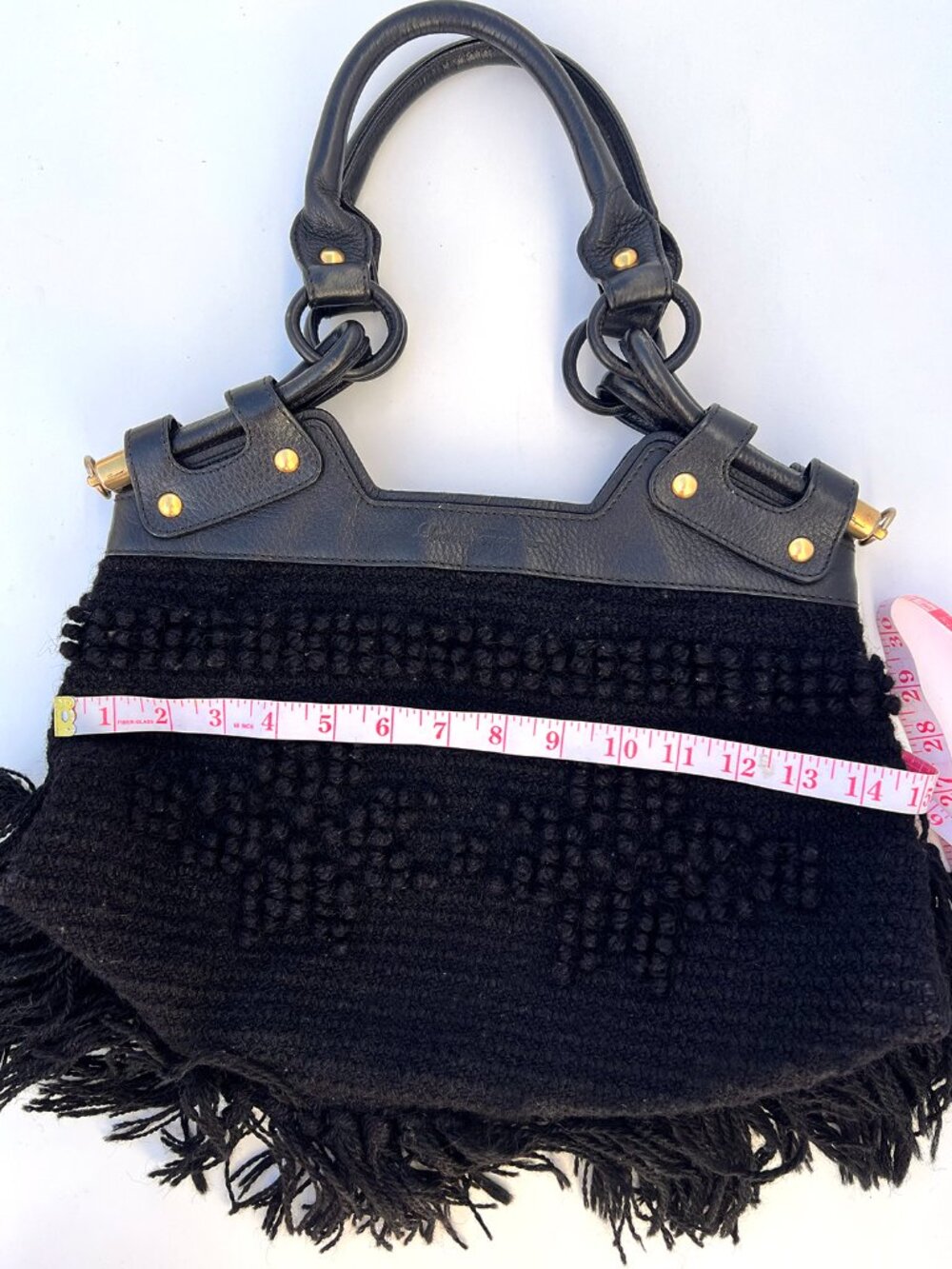 FERRAGAMO Black Fringe Knit Leather Hobo Bag Y2K - Picture 6 of 12